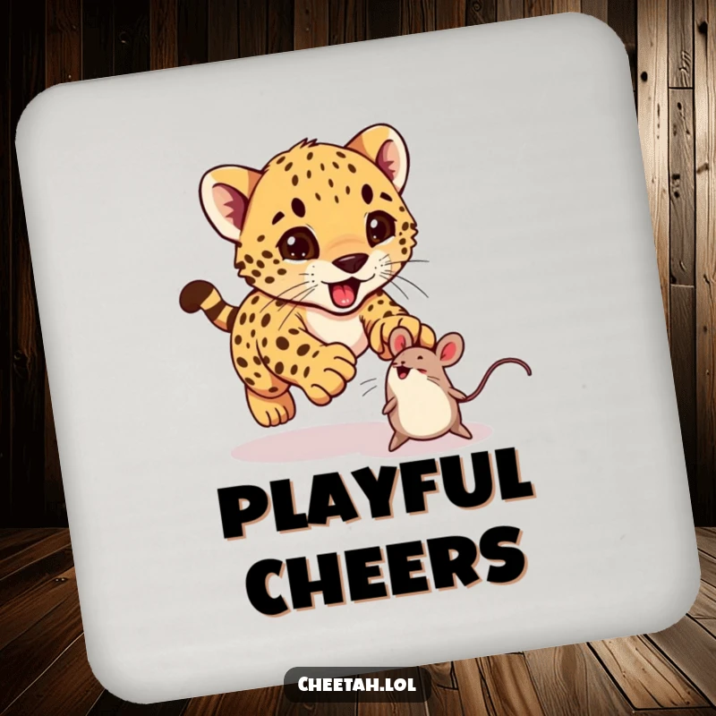 Funny cheetah cub excitedly pouncing on a bouncing toy mouse on a coaster, perfect for surface protection.