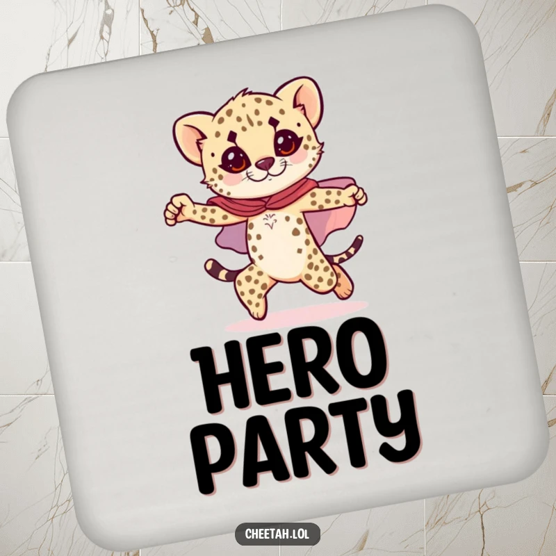 Funny cheetah cub coaster featuring a cub in a sparkly cape, striking a heroic pose, protecting surfaces with bold humor.