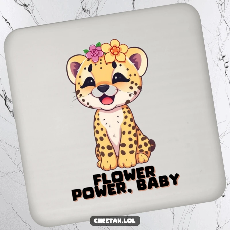 Funny drink coasters showcasing a cute cheetah cub giggling, wearing a flower crown, adding humor to your beverage setup.