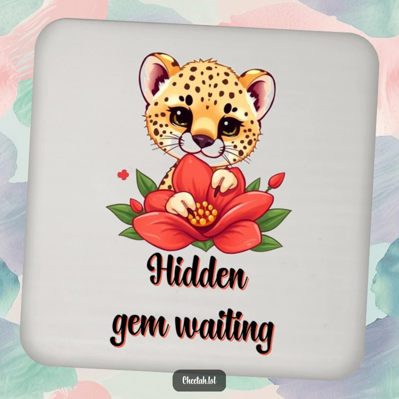 Funny drink coasters depicting a cheetah cub playfully peeking from behind a red flower, adding cute humor to drink settings.