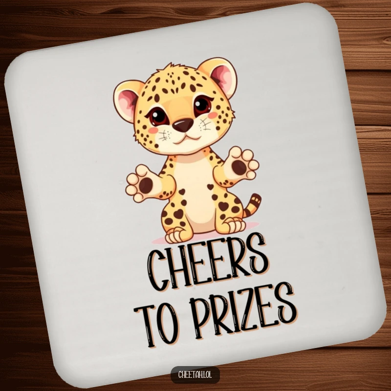 Funny cheetah cub with paws extended, presenting an imaginary prize on a drink coaster, for celebrating success.