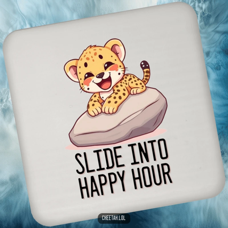 Funny drink coasters depicting a cheetah cub joyfully sliding down a rock with a happy yelp, adding a humorous touch.