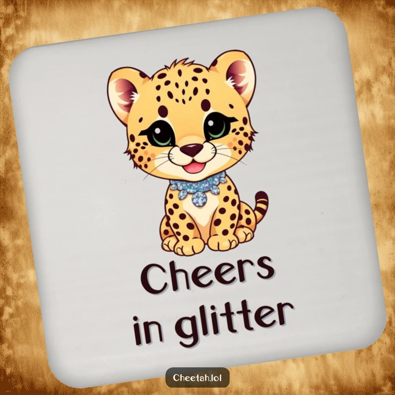 Funny cheetah cub with a playful smirk and glittery collar on a drink coaster, adding sassy charm.