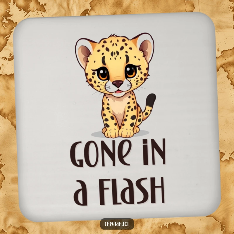 Funny drink coasters showing a cheetah cub peeking from a giant speeding blur, adding a humorous touch to your table.