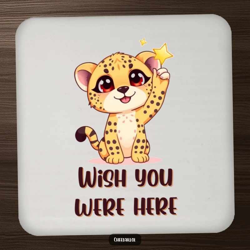 Funny drink coasters showing a hopeful cheetah cub reaching for a shimmering star, adding charm and humor to your table.