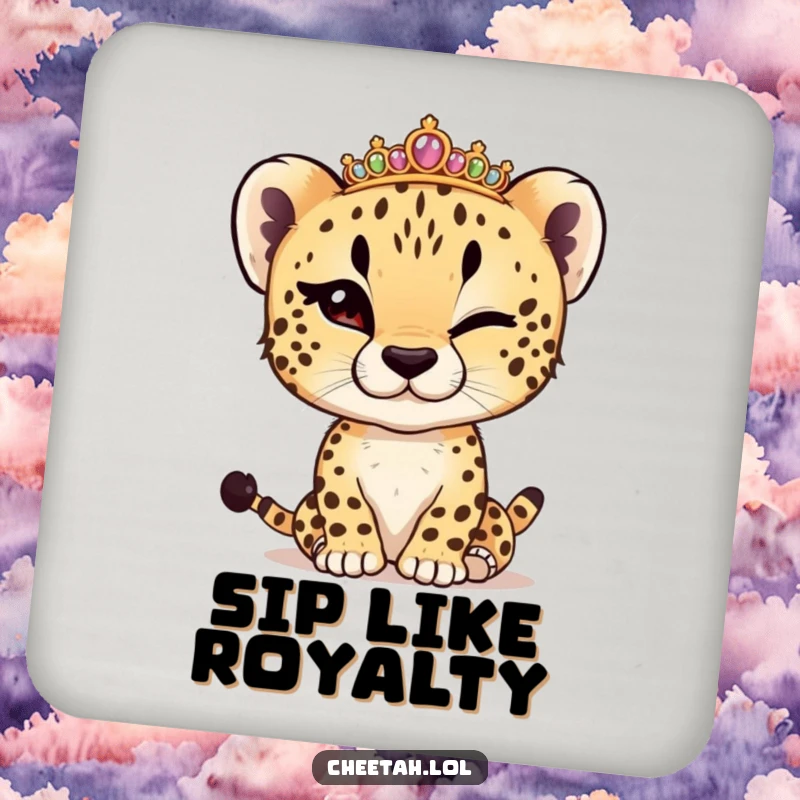 Funny cheetah cub winking, adjusting a tiny tiara, on a protective drink coaster, adding regal humor.