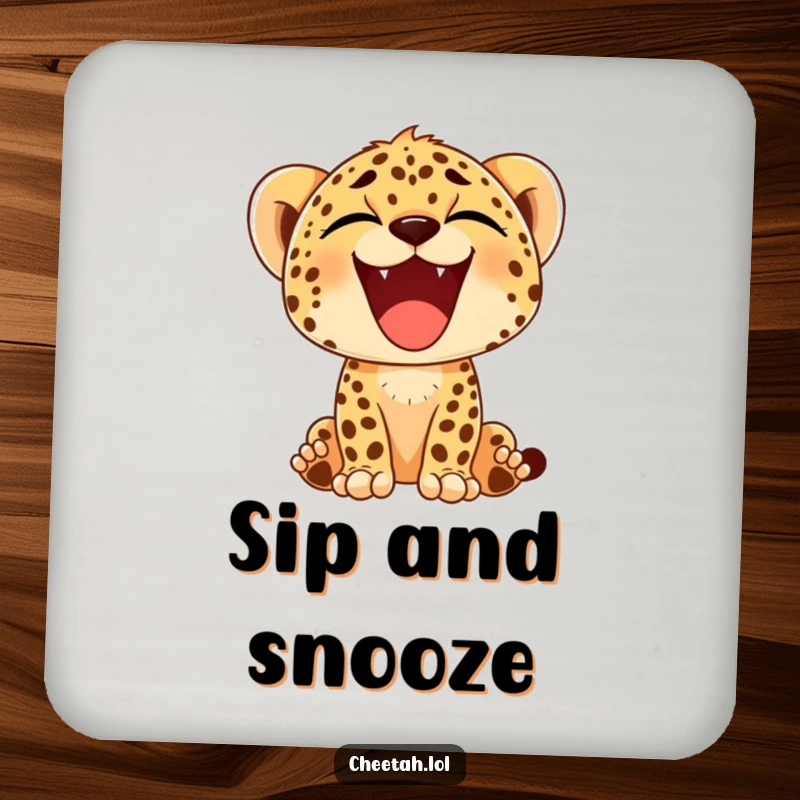 Funny drink coaster showcasing a cheetah cub's giant, happy yawn, bringing a relaxed and humorous vibe to any surface.
