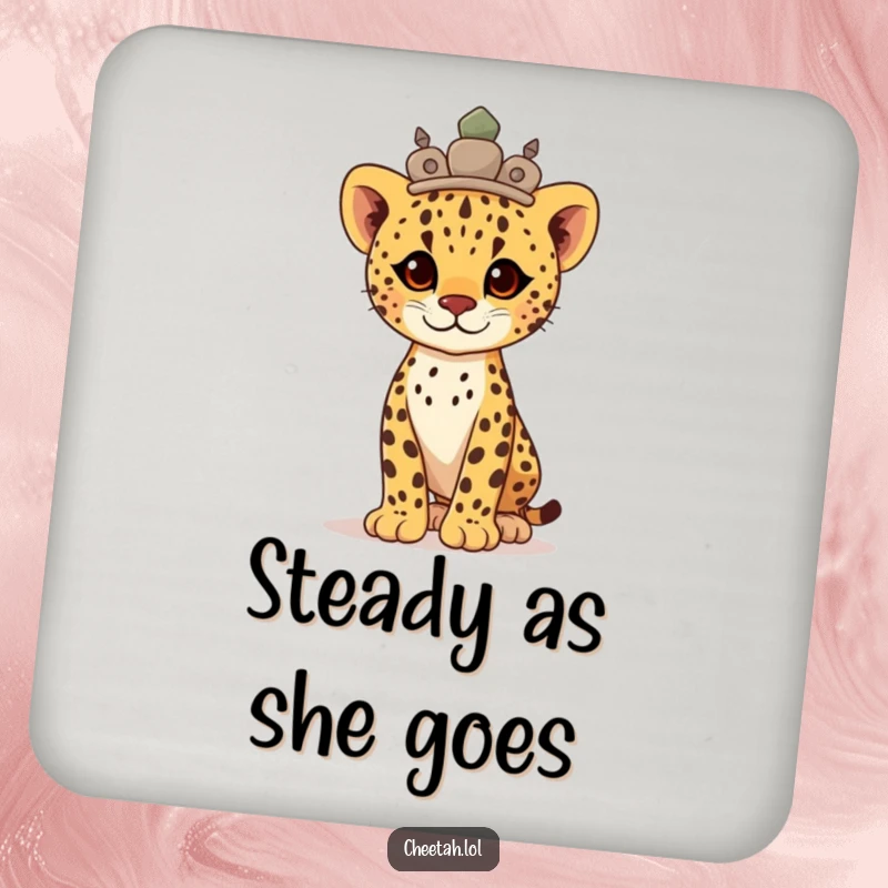 Funny proud cheetah cub wearing a stone crown, standing tall, these coasters offer regal protection.