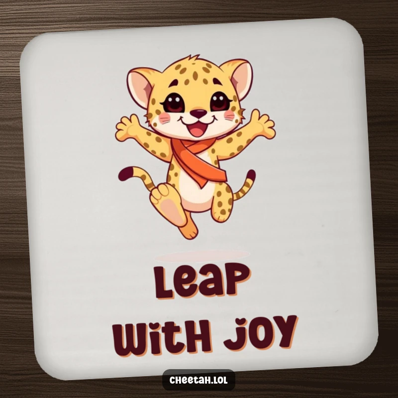 Funny happy cheetah cub wearing a sash, mid-graceful leap, on a protective drink coaster, guarding tables with elegance, a funny gift.
