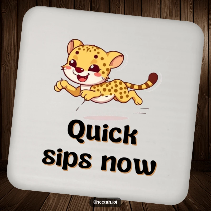 Funny smiling cheetah sprinting with effortless grace on a coaster, perfect for surface protection.