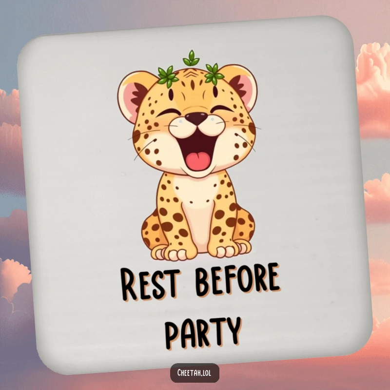 Funny Cheetah Cub Drink Coaster: A tiny crowned cheetah cub yawns broadly, adding sleepy victory and humor to your table.