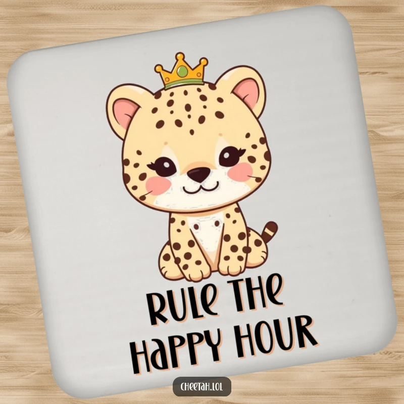 Funny drink coasters showing a regal cheetah character with a gentle smile and a tiny crown, adding humor to your drink setup.