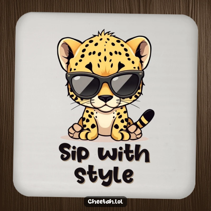 Funny cheetah cub coaster featuring a cool cub wearing oversized sunglasses, protecting tables with style.