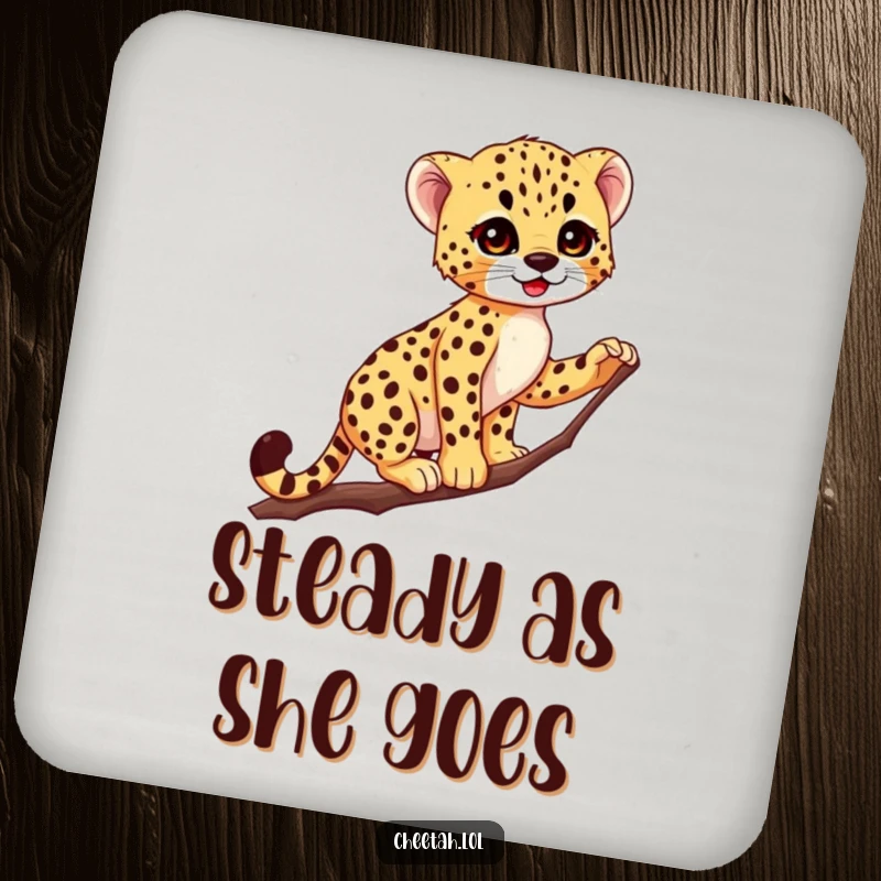 Funny Cheetah Cub Drink Coaster: Adorable spotted cub balances artfully on a thin branch, adding humor to your table.