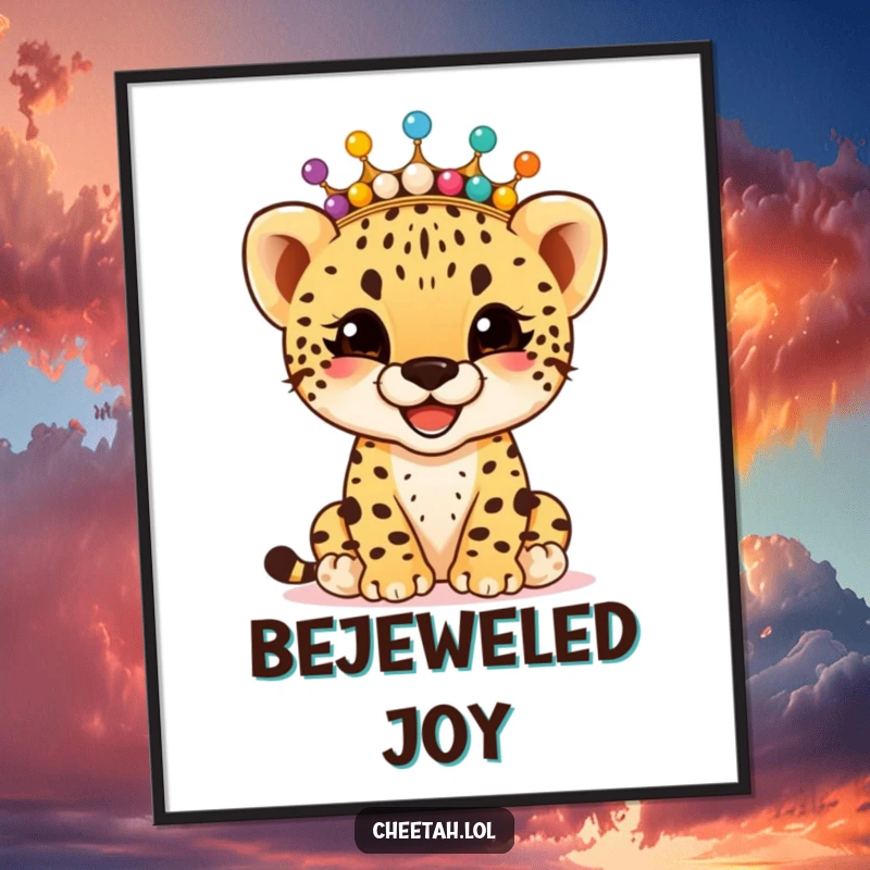 Funny giggling cheetah cub wearing a crown of colorful beads, as a colorful poster, spreading happiness, a great funny gift.