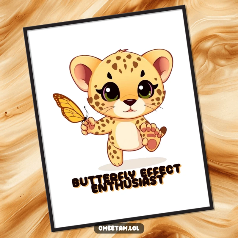 Funny cheetah cub playfully chasing a butterfly with wide eyes, a whimsical and joyful wall art poster for animal lovers.