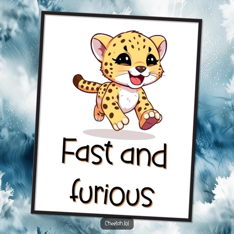 Funny cheetah cub with joyful motion streaks running with abandon on a poster, conveying speed and happiness for screen readers.