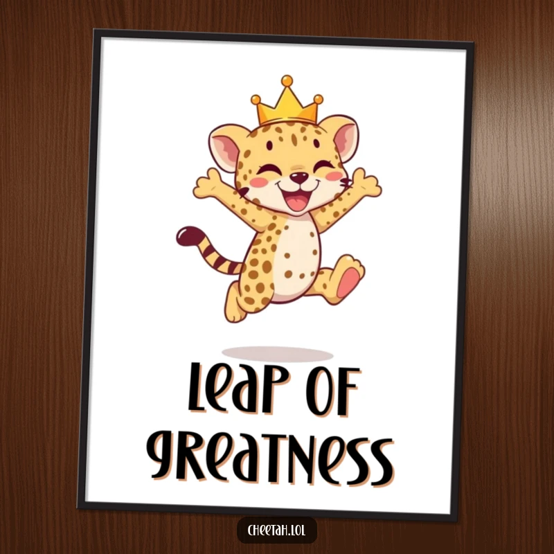 Funny cheetah cub poster depicting a crowned cub mid-joyful leap, full of exuberance.