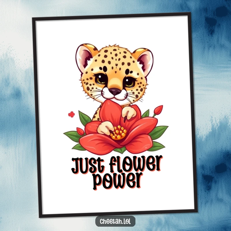 Funny poster of a cheetah cub playfully peeking from behind a vibrant red flower, capturing a moment of innocent curiosity.