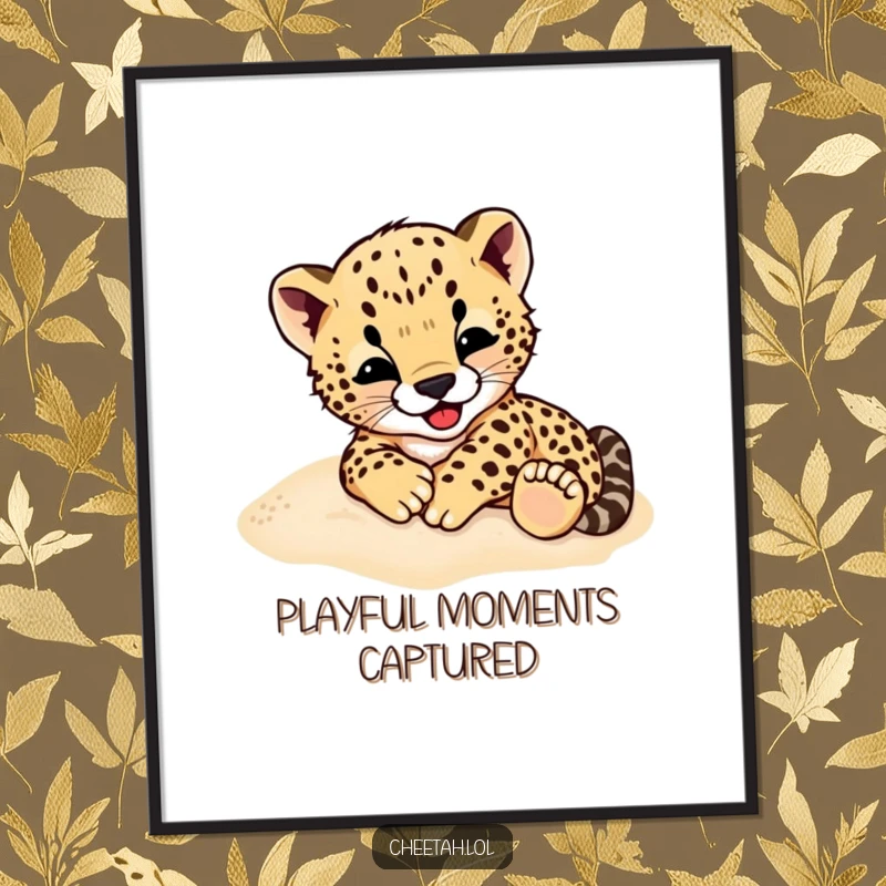 Funny Cheetah Cub Poster: A vibrant print of a cheetah cub gleefully rolling in soft sand, capturing pure playful energy.