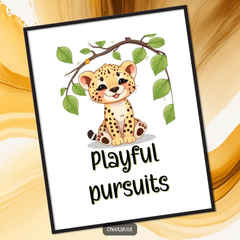 Funny cheetah cub poster depicting a joyful cub happily batting at a dangling jungle vine, a charming piece of art.