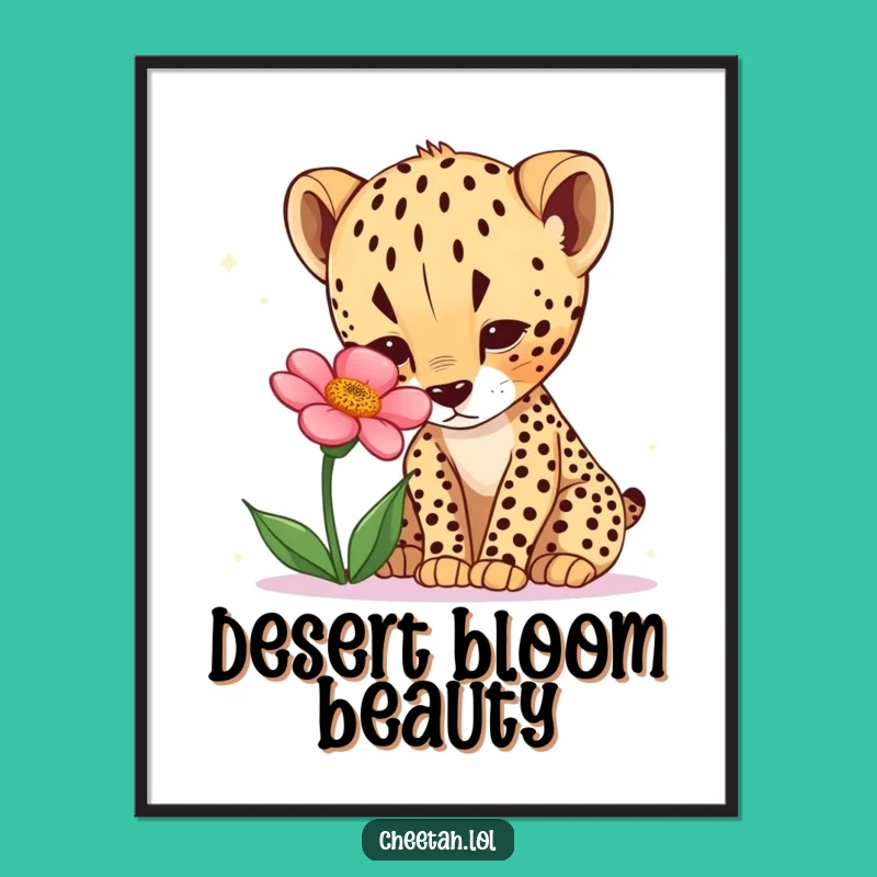 Funny Curious Cheetah Cub Desert Flower Poster - Wild Art for Walls!