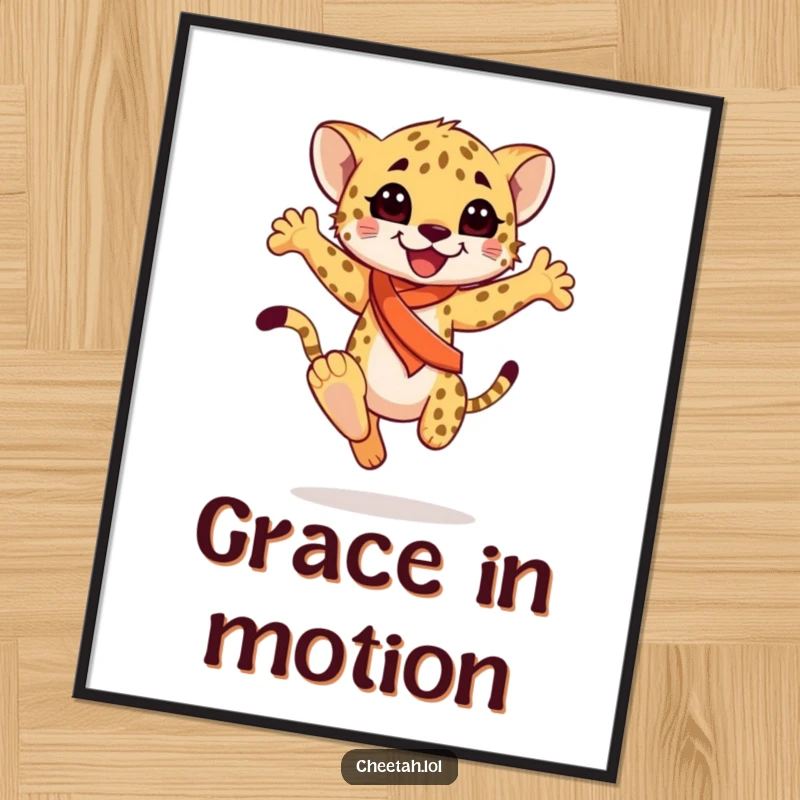 Funny happy cheetah cub wearing a sash, captured mid-graceful leap, as a colorful poster, inspiring joy, a great funny gift.