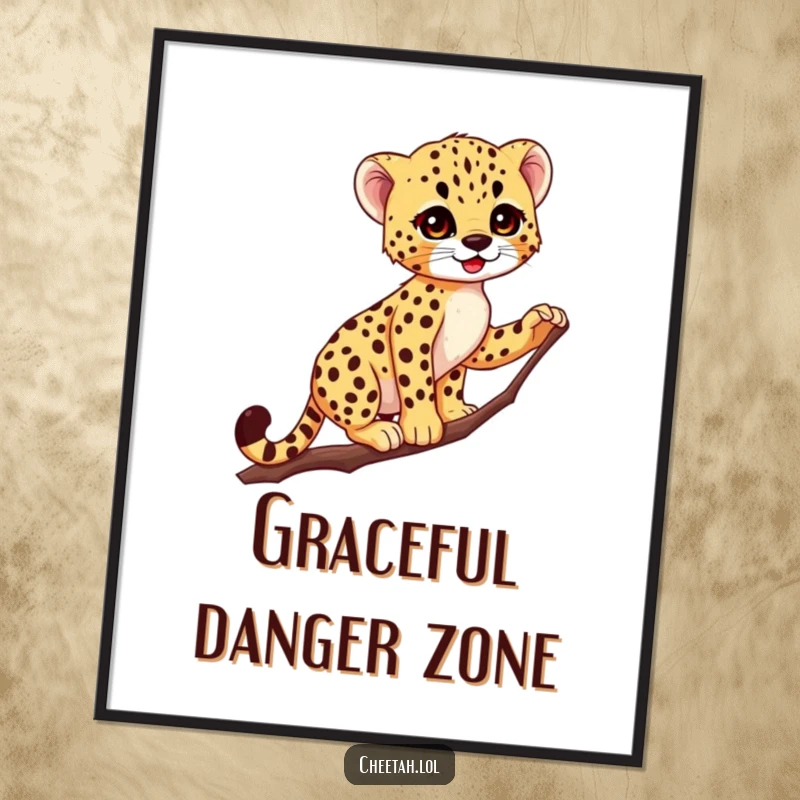 Funny Cheetah Cub Poster: A tiny cheetah cub demonstrates impressive balance and grace while perched on a thin branch.
