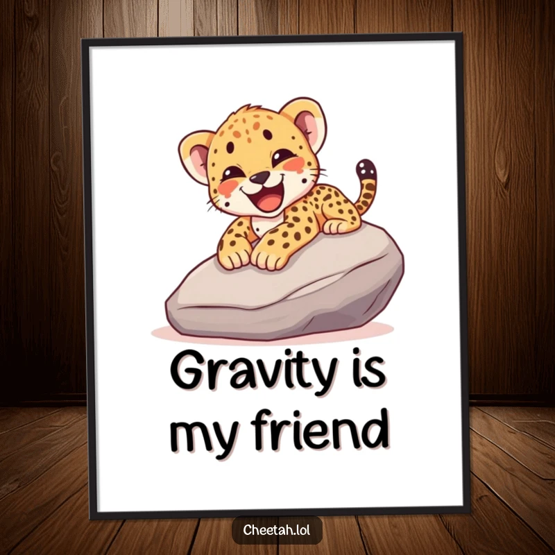 Funny poster capturing a cheetah cub mid-slide down a rock with a happy yelp, radiating pure adventure and youthful delight.