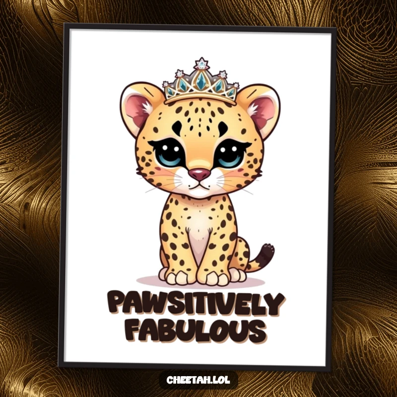 Funny cheetah cub model poster showing a cute cub in a sparkly tiara, posing confidently like a model.