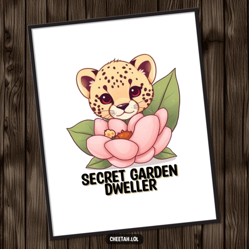 Funny cheetah cub peeking from behind a giant flower on a poster, creating a whimsical and inviting scene.