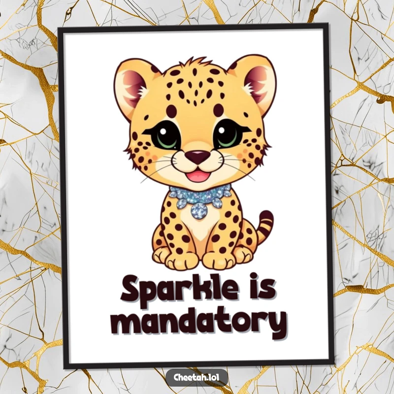 Funny cheetah cub with a playful smirk and glittery collar on a poster, exuding confidence and style.