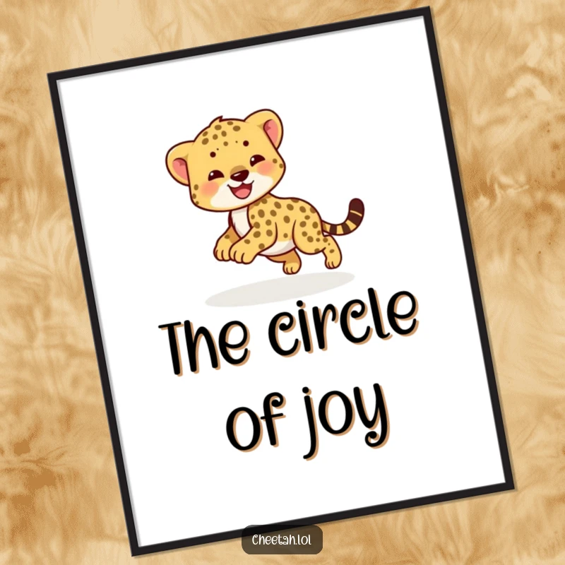 Funny cheetah cub poster showing a smiling cub playfully chasing its tail in a circle. Wall art.