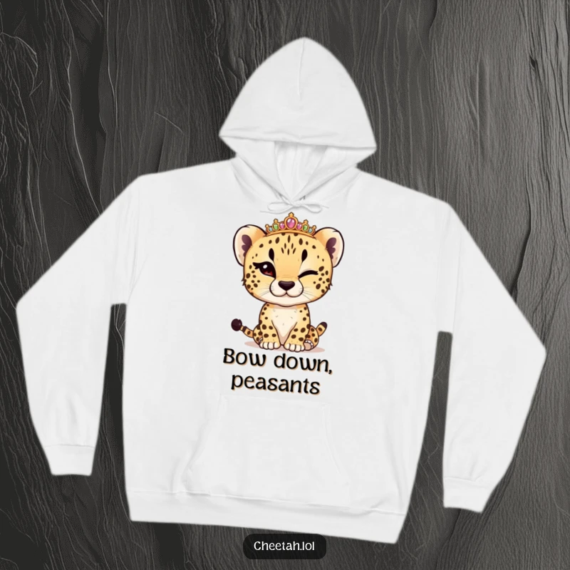 Funny cheetah cub winking, adjusting a tiny tiara, on a cozy hoodie, radiating playful regal vibes.