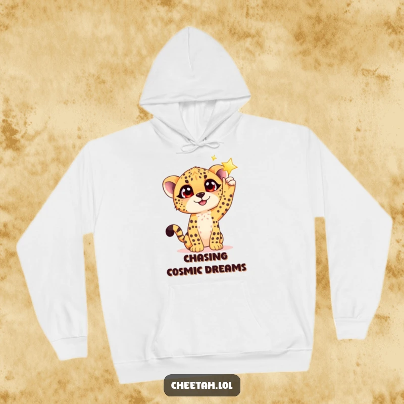 Funny hooded sweatshirt showing a hopeful cheetah cub with large, happy eyes reaching for a glowing, shimmering star.