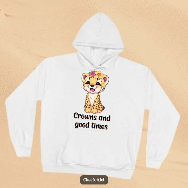 Funny hooded sweatshirt featuring a happy, giggling cheetah cub wearing a floral crown, perfect for cozy, humorous wear.