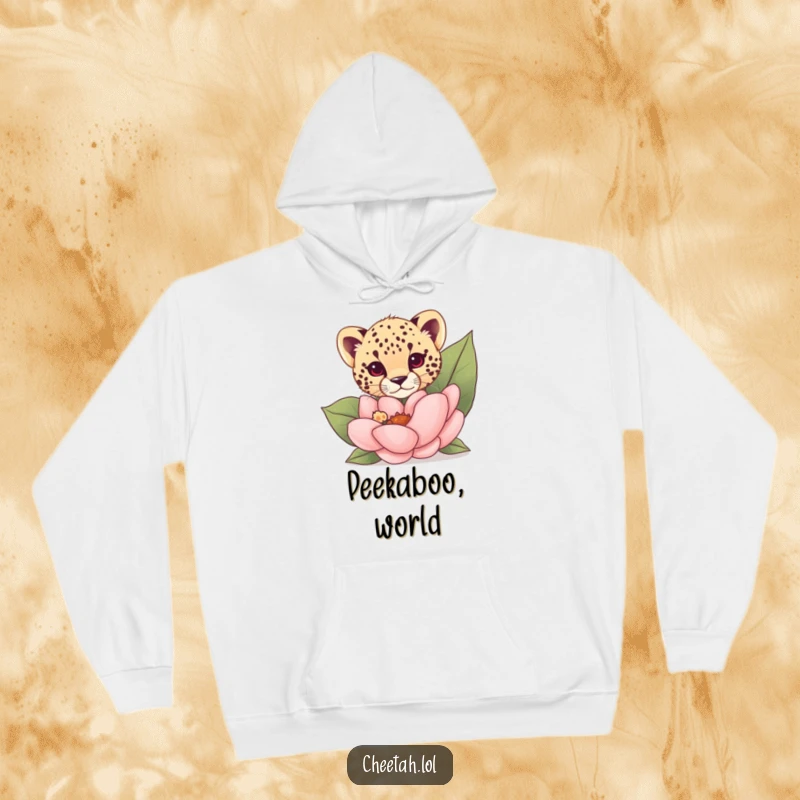 Funny cheetah cub peeking from behind a giant flower on a cozy hoodie, radiating warmth and charm.