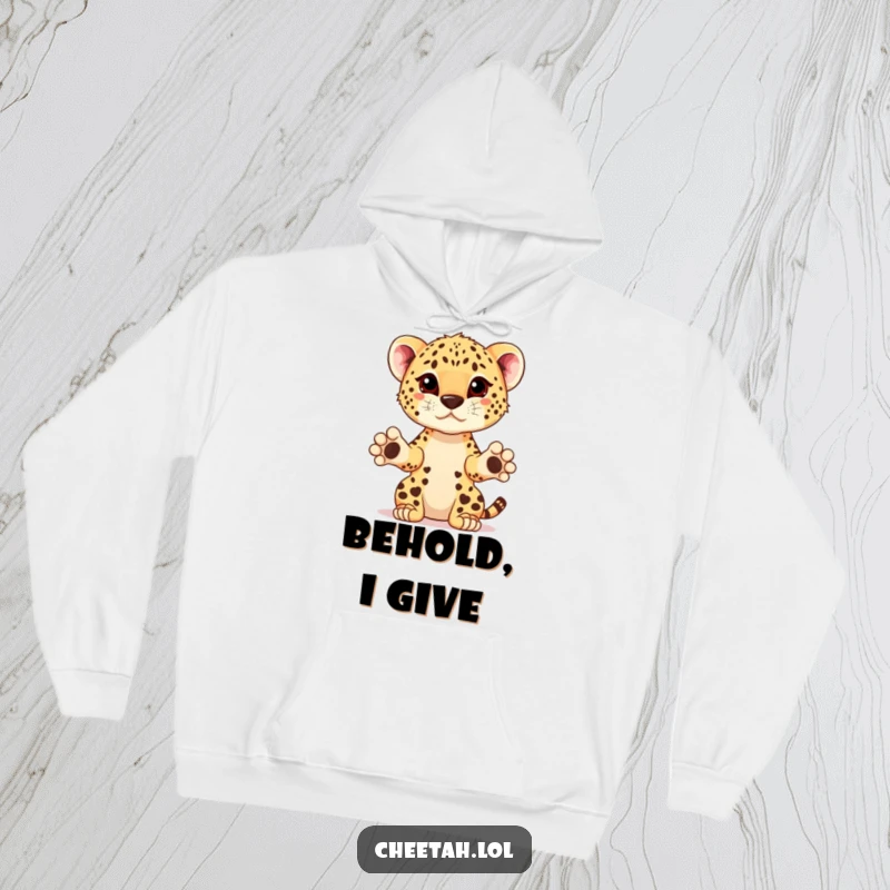 Funny cheetah cub with paws extended, presenting a prize on a comfy hoodie, perfect for winners.