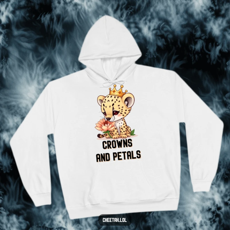 Funny curious cheetah cub wearing a tiny crown, sniffing a giant flower, on a warm hoodie, designed for wonder, a hilarious funny gift.