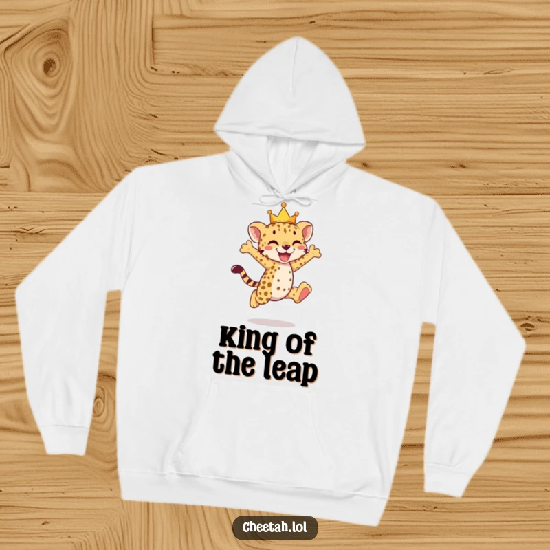 Funny cheetah cub hoodie featuring a crowned cub doing a joyful leap, radiating pure delight.