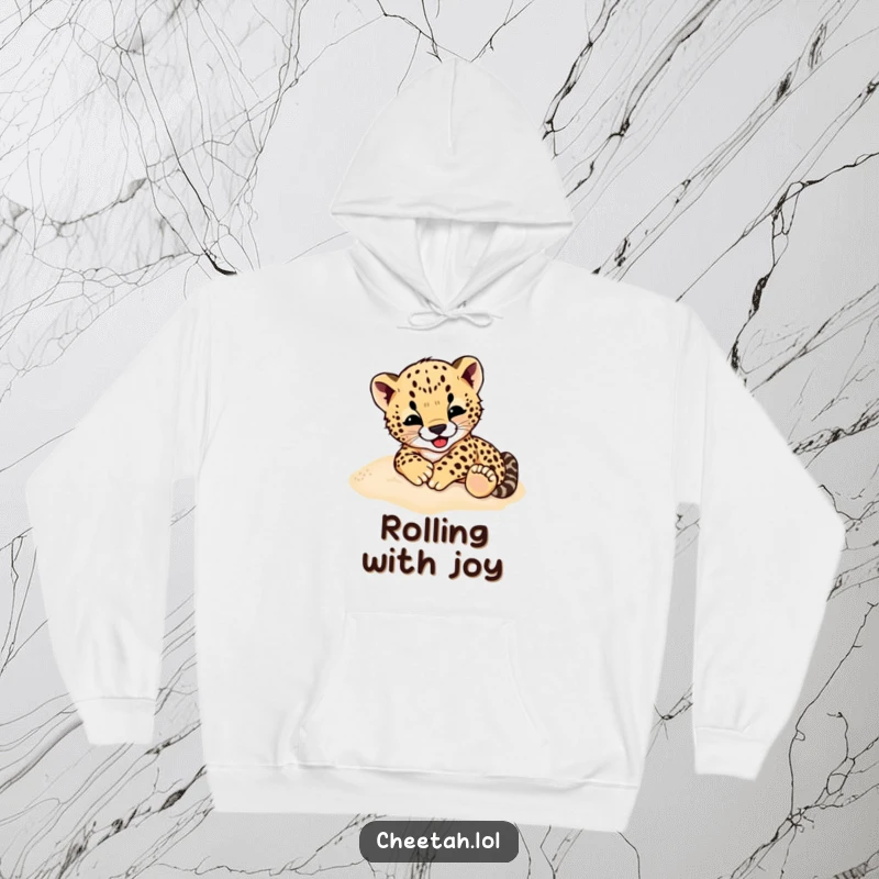 Funny Cheetah Cub Hoodie: A cozy hoodie featuring a cheetah cub gleefully rolling in soft sand, embodying playful freedom.