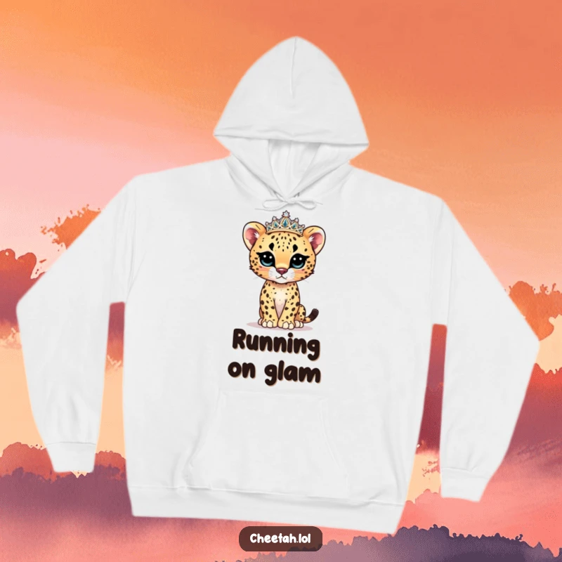 Funny cheetah cub model hoodie showing a cute cub wearing a sparkly tiara and posing elegantly.