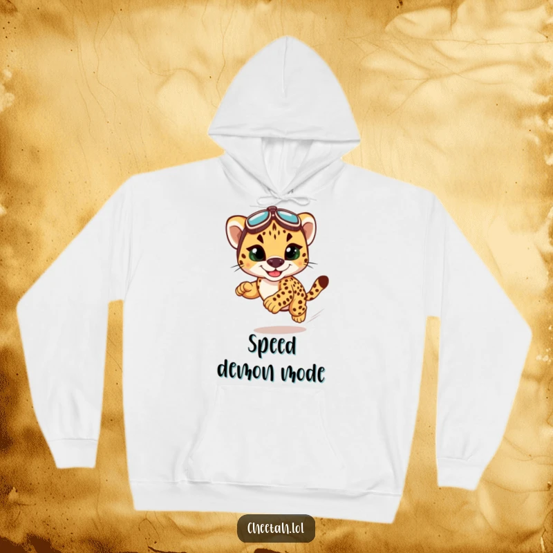 Funny cheetah cub racing hoodie featuring a speedy cub with goggles, ideal for cozy, humorous wear for speed lovers.