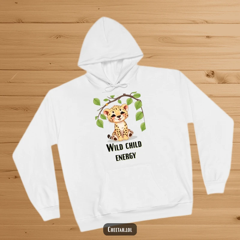 Funny cheetah cub hoodie showcasing a happy cub engrossed in batting a dangling vine, bringing jungle joy and warmth.