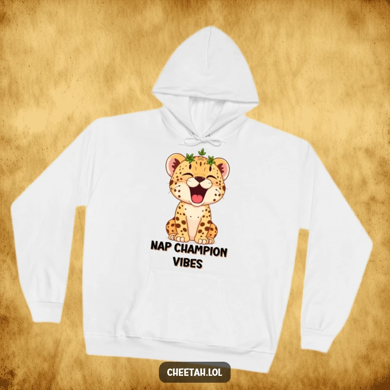 Funny Cheetah Cub Hoodie: A tiny crowned cub yawns adorably, embodying the peaceful exhaustion of a true champion.