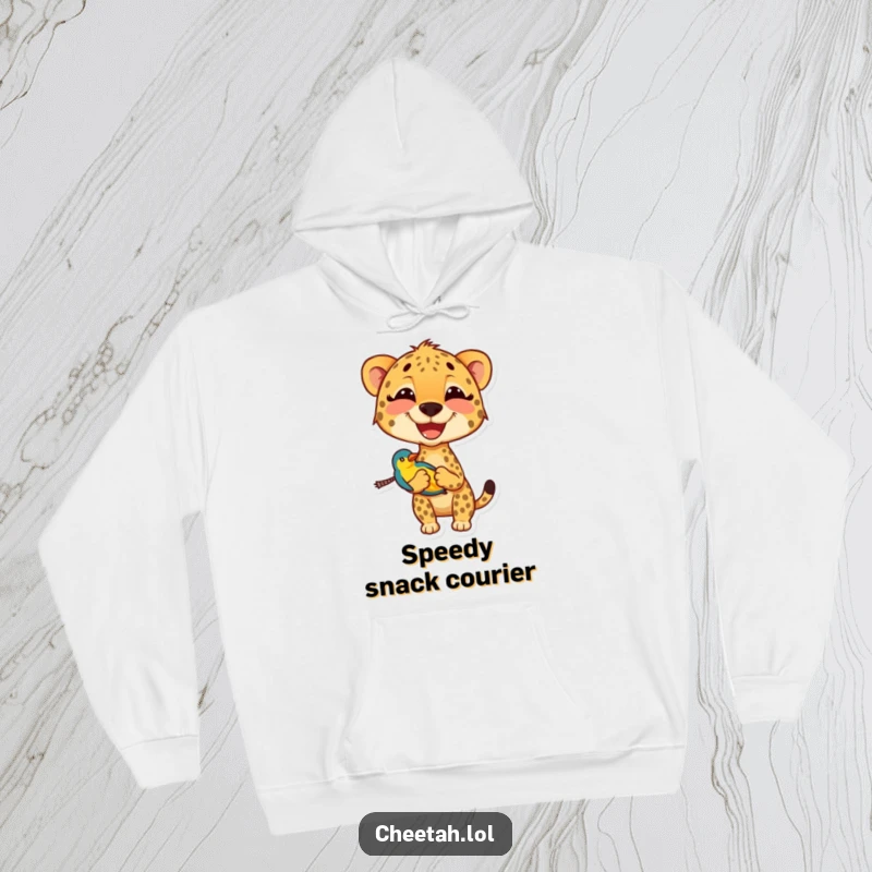 Funny cheetah hoodie depicting a joyful cheetah meticulously carrying a small, brightly hued bird, a unique and humorous design.