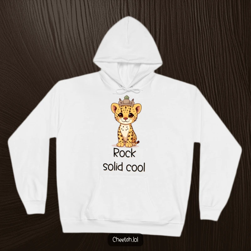Funny proud cheetah cub wearing a durable stone crown, standing tall and majestic on this cozy hoodie.