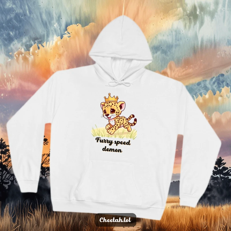 Funny cheetah cub wearing a crown, zooming playfully, on a warm hoodie, designed to bring smiles and laughs, a fantastic funny gift.