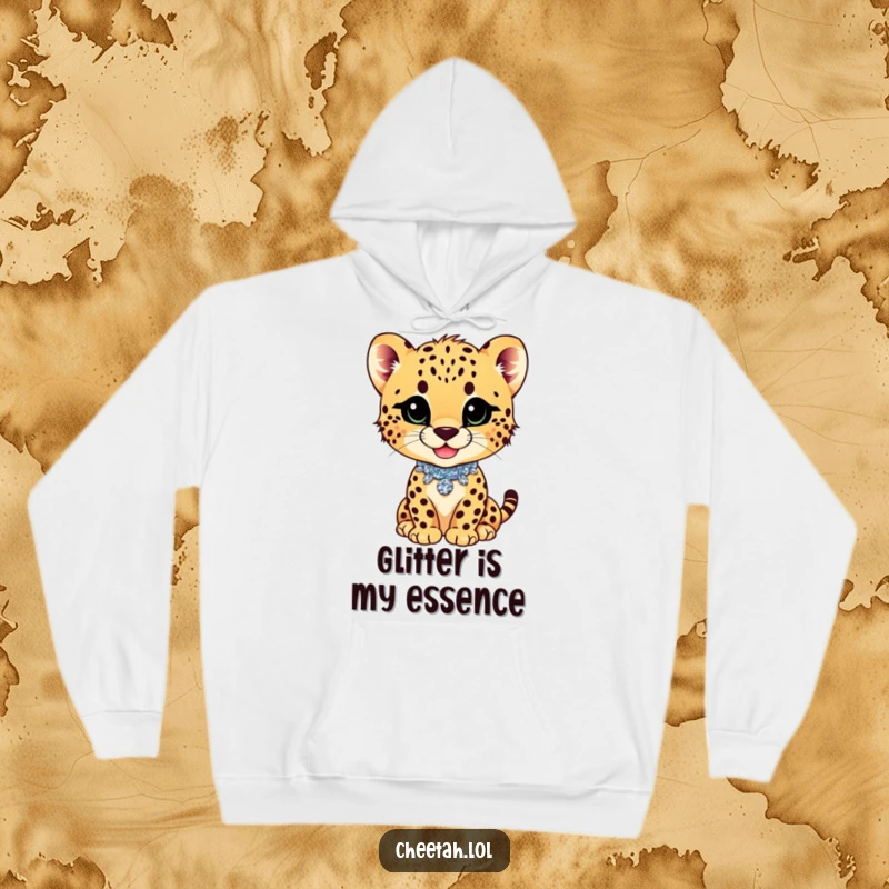 Funny cheetah cub with a playful smirk and glittery collar on a cozy hoodie, radiating warmth and style.