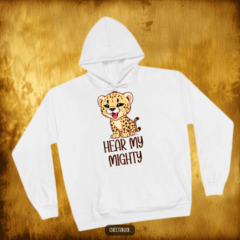 Funny hoodie featuring a cheetah cub practicing its roar with a tiny, fierce expression, embodying adorable, hilarious power.